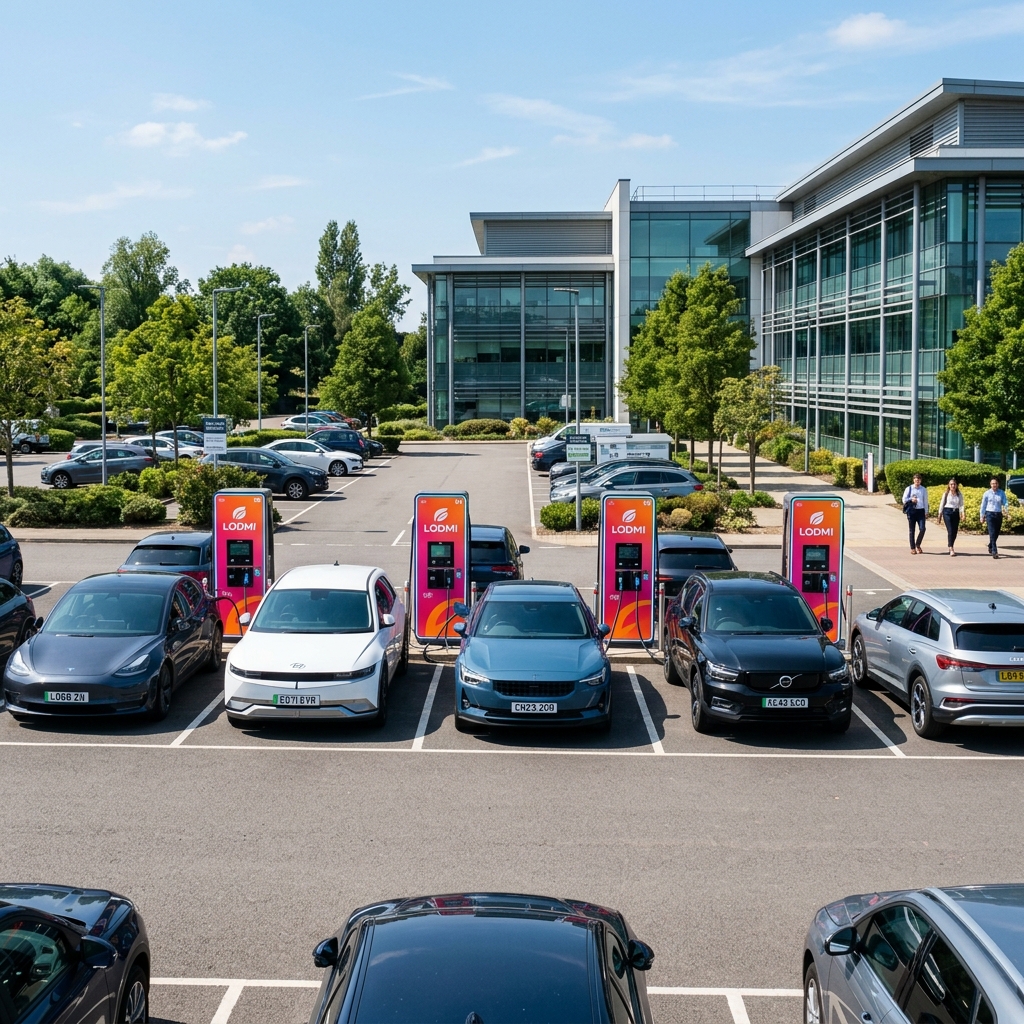 Véhicules électriques en recharge sur un parking d'entreprise